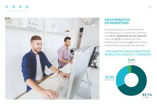 60
COMPARTILHE ESTE EBOOK!
INVESTIMENTOS
EM MARKETING
A perspectiva para o investimento em
marketing para o e-commerce é positiva,
com 67,1% apostando em um aumento.
Cerca de 27,5% acreditam em uma
estabilização e apenas 5,4% dizem que os
investimentos precisarão ser reduzidos.
PREVISÃO DE INVESTIMENTO EM
MARKETING PARA O E-COMMERCE
 