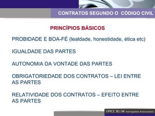 CONTRATOS SEGUNDO O  CÓDIGO CIVIL PRINCÍPIOS BÁSICOS PROBIDADE E BOA-FÉ (lealdade, honestidade, ética etc) IGUALDADE DAS PARTES AUTONOMIA DA VONTADE DAS PARTES OBRIGATORIEDADE DOS CONTRATOS – LEI ENTRE AS PARTES RELATIVIDADE DOS CONTRATOS – EFEITO ENTRE AS PARTES 