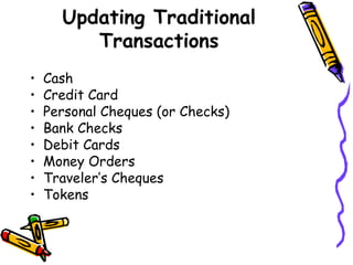 Updating Traditional
Transactions
• Cash
• Credit Card
• Personal Cheques (or Checks)
• Bank Checks
• Debit Cards
• Money Orders
• Traveler’s Cheques
• Tokens
 