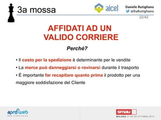 ● Il costo per la spedizione è determinante per le vendite
● La merce può danneggiarsi o rovinarsi durante il trasporto
● È importante far recapitare quanto prima il prodotto per una
maggiore soddisfazione del Cliente
22/42
AFFIDATI AD UN
VALIDO CORRIERE
Perché?
3a mossa
 