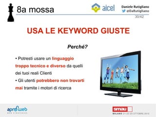 ● Potresti usare un linguaggio
troppo tecnico e diverso da quelli
dei tuoi reali Clienti
● Gli utenti potrebbero non trovarti
mai tramite i motori di ricerca
30/42
USA LE KEYWORD GIUSTE
Perché?
8a mossa
 