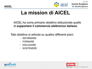 La mission di AICEL
AICEL
5 di 42
AICEL ha come primario obiettivo istituzionale quello
di supportare il commercio elettronico italiano.
Tale obiettivo si articola su quattro differenti piani:
– INFORMARE
– FORMARE
– DIALOGARE
– SOSTENERE
 