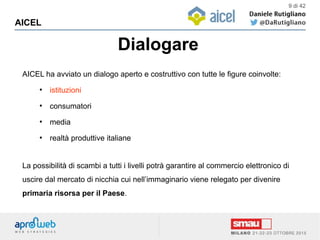 Dialogare
AICEL
9 di 42
AICEL ha avviato un dialogo aperto e costruttivo con tutte le figure coinvolte:
●
istituzioni
●
consumatori
●
media
●
realtà produttive italiane
La possibilità di scambi a tutti i livelli potrà garantire al commercio elettronico di
uscire dal mercato di nicchia cui nell’immaginario viene relegato per divenire
primaria risorsa per il Paese.
 