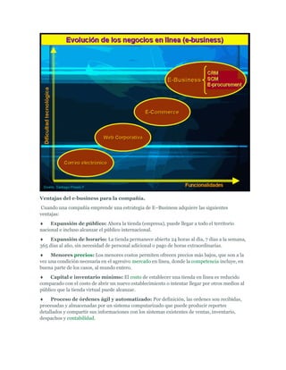 Ventajas del e-business para la compañía.
Cuando una compañía emprende una estrategia de E–Business adquiere las siguientes
ventajas:
     Expansión de público: Ahora la tienda (empresa), puede llegar a todo el territorio
nacional e incluso alcanzar el público internacional.
     Expansión de horario: La tienda permanece abierta 24 horas al día, 7 días a la semana,
365 días al año, sin necesidad de personal adicional o pago de horas extraordinarias.
     Menores precios: Los menores costos permiten ofrecen precios más bajos, que son a la
vez una condición necesaria en el agresivo mercado en línea, donde la competencia incluye, en
buena parte de los casos, al mundo entero.
     Capital e inventario mínimo: El costo de establecer una tienda en línea es reducido
comparado con el costo de abrir un nuevo establecimiento o intentar llegar por otros medios al
público que la tienda virtual puede alcanzar.
     Proceso de órdenes ágil y automatizado: Por definición, las ordenes son recibidas,
procesadas y almacenadas por un sistema computarizado que puede producir reportes
detallados y compartir sus informaciones con los sistemas existentes de ventas, inventario,
despachos y contabilidad.
 