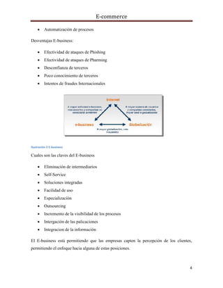 E-commerce
4
 Automatización de procesos
Desventajas E-business:
 Efectividad de ataques de Phishing
 Efectividad de ataques de Pharming
 Desconfianza de terceros
 Poco conocimiento de terceros
 Intentos de fraudes Internacionales
Ilustración 2 E-business
Cuales son las claves del E-business
 Eliminación de intermediarios
 Self-Service
 Soluciones integradas
 Facilidad de uso
 Especialización
 Outsourcing
 Incremento de la visibilidad de los procesos
 Intergación de las palicaciones
 Integracion de la información
El E-business está permitiendo que las empresas capten la percepción de los clientes,
permitiendo el enfoque hacia alguna de estas posiciones.
 