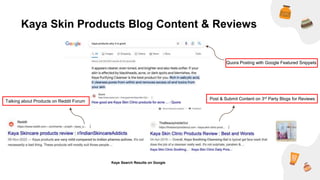 Kaya Skin Products Blog Content & Reviews
Talking about Products on Reddit Forum
Post & Submit Content on 3rd Party Blogs for Reviews
Quora Posting with Google Featured Snippets
Kaya Search Results on Google
 