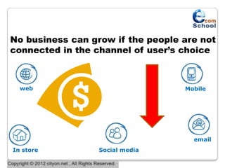 No business can grow if the people are not
connected in the channel of user’s choice



  web                              Mobile




                                     email
In store          Social media
 