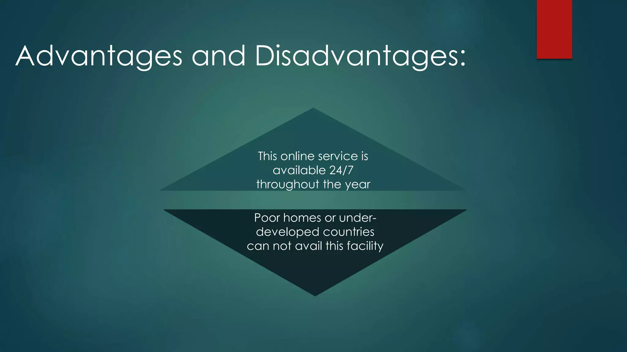 Advantages and Disadvantages:
This online service is
available 24/7
throughout the year
Poor homes or under-
developed countries
can not avail this facility
 