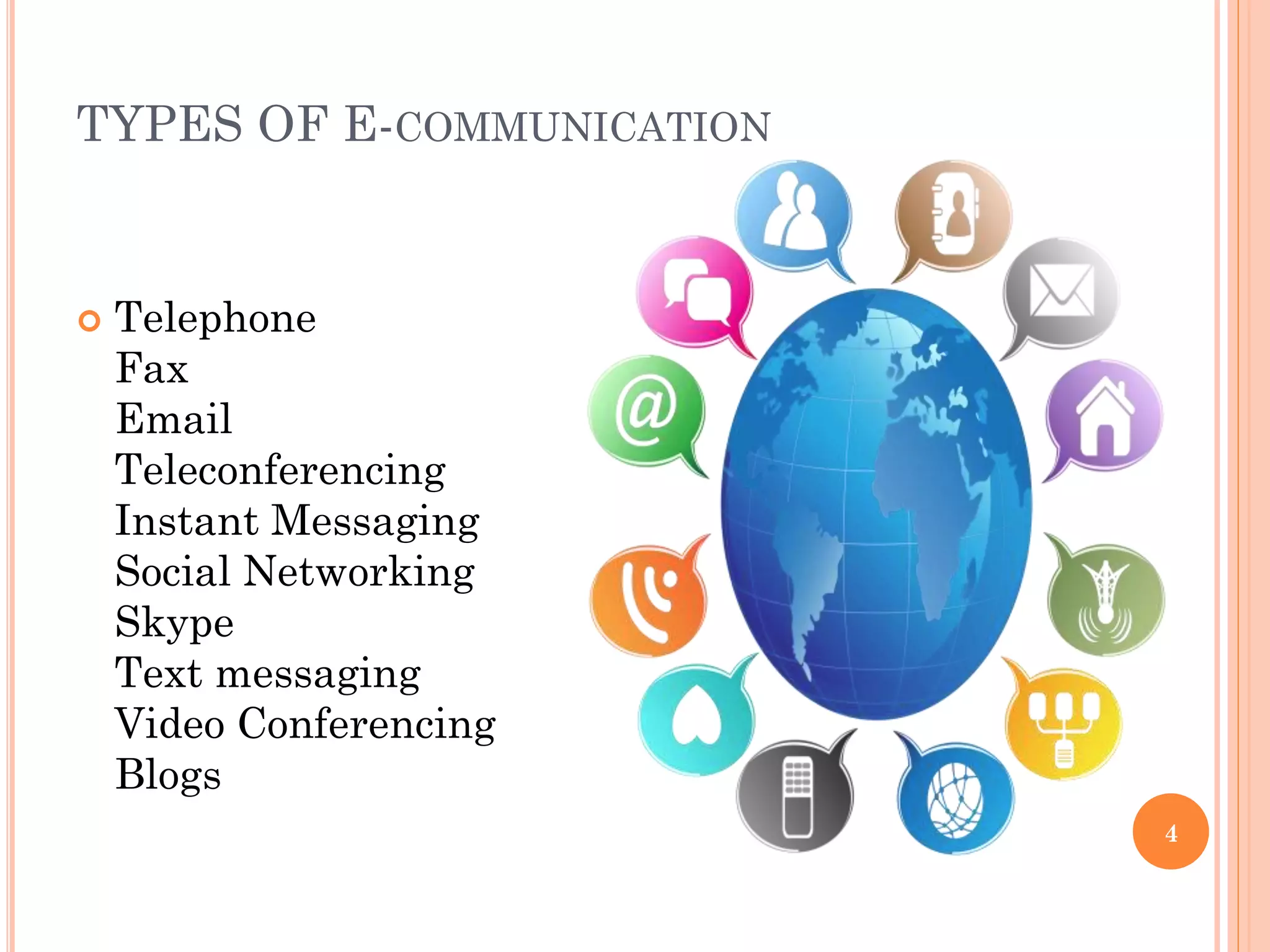 TYPES OF E-COMMUNICATION



Telephone
Fax
Email
Teleconferencing
Instant Messaging
Social Networking
Skype
Text messaging
Video Conferencing
Blogs
4

 