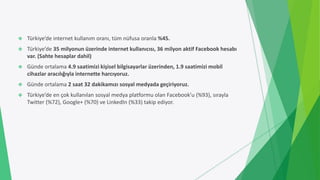  Türkiye’de internet kullanım oranı, tüm nüfusa oranla %45.
 Türkiye’de 35 milyonun üzerinde internet kullanıcısı, 36 milyon aktif Facebook hesabı
var. (Sahte hesaplar dahil)
 Günde ortalama 4.9 saatimizi kişisel bilgisayarlar üzerinden, 1.9 saatimizi mobil
cihazlar aracılığıyla internette harcıyoruz.
 Günde ortalama 2 saat 32 dakikamızı sosyal medyada geçiriyoruz.
 Türkiye’de en çok kullanılan sosyal medya platformu olan Facebook’u (%93), sırayla
Twitter (%72), Google+ (%70) ve LinkedIn (%33) takip ediyor.
 
