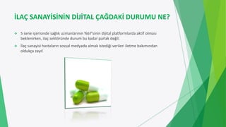 İLAÇ SANAYİSİNİN DİJİTAL ÇAĞDAKİ DURUMU NE?
 5 sene içerisinde sağlık uzmanlarının %67’sinin dijital platformlarda aktif olması
beklenirken, ilaç sektöründe durum bu kadar parlak değil.
 İlaç sanayisi hastaların sosyal medyada almak istediği verileri iletme bakımından
oldukça zayıf.
 