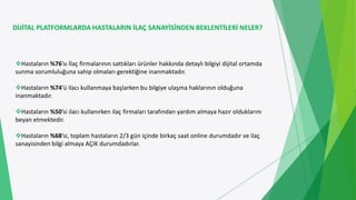 DİJİTAL PLATFORMLARDA HASTALARIN İLAÇ SANAYİSİNDEN BEKLENTİLERİ NELER?
Hastaların %76’sı İlaç firmalarının sattıkları ürünler hakkında detaylı bilgiyi dijital ortamda
sunma sorumluluğuna sahip olmaları gerektiğine inanmaktadır.
Hastaların %74’ü ilacı kullanmaya başlarken bu bilgiye ulaşma haklarının olduğuna
inanmaktadır.
Hastaların %50’si ilacı kullanırken ilaç firmaları tarafından yardım almaya hazır olduklarını
beyan etmektedir.
Hastaların %68’si, toplam hastaların 2/3 gün içinde birkaç saat online durumdadır ve ilaç
sanayisinden bilgi almaya AÇIK durumdadırlar.
 