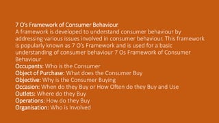 7 O’s Framework of Consumer Behaviour
A framework is developed to understand consumer behaviour by
addressing various issues involved in consumer behaviour. This framework
is popularly known as 7 O’s Framework and is used for a basic
understanding of consumer behaviour 7 Os Framework of Consumer
Behaviour
Occupants: Who is the Consumer
Object of Purchase: What does the Consumer Buy
Objective: Why is the Consumer Buying
Occasion: When do they Buy or How Often do they Buy and Use
Outlets: Where do they Buy
Operations: How do they Buy
Organisation: Who is Involved
 