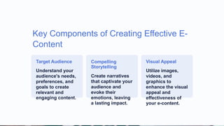 Key Components of Creating Effective E-
Content
Target Audience
Understand your
audience's needs,
preferences, and
goals to create
relevant and
engaging content.
Compelling
Storytelling
Create narratives
that captivate your
audience and
evoke their
emotions, leaving
a lasting impact.
Visual Appeal
Utilize images,
videos, and
graphics to
enhance the visual
appeal and
effectiveness of
your e-content.
 