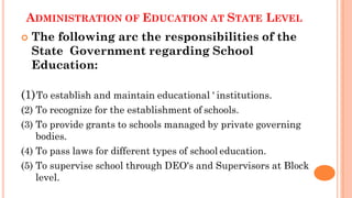 ADMINISTRATION OF EDUCATION AT STATE LEVEL
 The following arc the responsibilities of the
State Government regarding School
Education:
(1)To establish and maintain educational ' institutions.
(2) To recognize for the establishment of schools.
(3) To provide grants to schools managed by private governing
bodies.
(4) To pass laws for different types of school education.
(5) To supervise school through DEO's and Supervisors at Block
level.
 