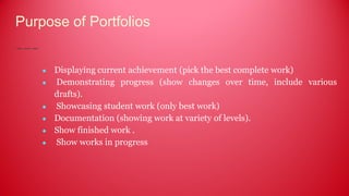 Purpose of Portfolios
● Displaying current achievement (pick the best complete work)
● Demonstrating progress (show changes over time, include various
drafts).
● Showcasing student work (only best work)
● Documentation (showing work at variety of levels).
● Show finished work .
● Show works in progress
 