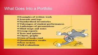 What Goes Into a Portfolio
● Samples of best independent work.
● Evaluations by teacher, peer, self  Samples organized according to some
system (e.g., creative writing, scientific writing)  Usually used to
provide a summative evaluation and is standard format.
 