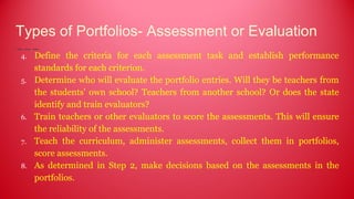 Types of Portfolios- Assessment or Evaluation
4. Define the criteria for each assessment task and establish performance
standards for each criterion.
5. Determine who will evaluate the portfolio entries. Will they be teachers from
the students' own school? Teachers from another school? Or does the state
identify and train evaluators?
6. Train teachers or other evaluators to score the assessments. This will ensure
the reliability of the assessments.
7. Teach the curriculum, administer assessments, collect them in portfolios,
score assessments.
8. As determined in Step 2, make decisions based on the assessments in the
portfolios.
 