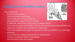 Guidelines for portfolio entries
Give students the
● Purpose of the portfolio.
● Time period that it should span
● Name people who will have access to it
● Description/list of types of work to include
● If applicable, what criteria will be used to evaluate portfolio
● Ensure that you allow for flexibility (however, for summative/showcase portfolios, you
might have to include strict guidelines for organization.
● Ensure that students have access to resources to construct portfolios (e.g., technology,
materials).
● Ground rules for working independently or collaboratively.
● Guidance on physical structure of portfolios
● How portfolios fit into their grades
 
