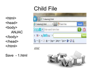 Child File
<html>
<head>
<body>
ANJAC
</body>
</head>
</html>
Save - 1.html
 