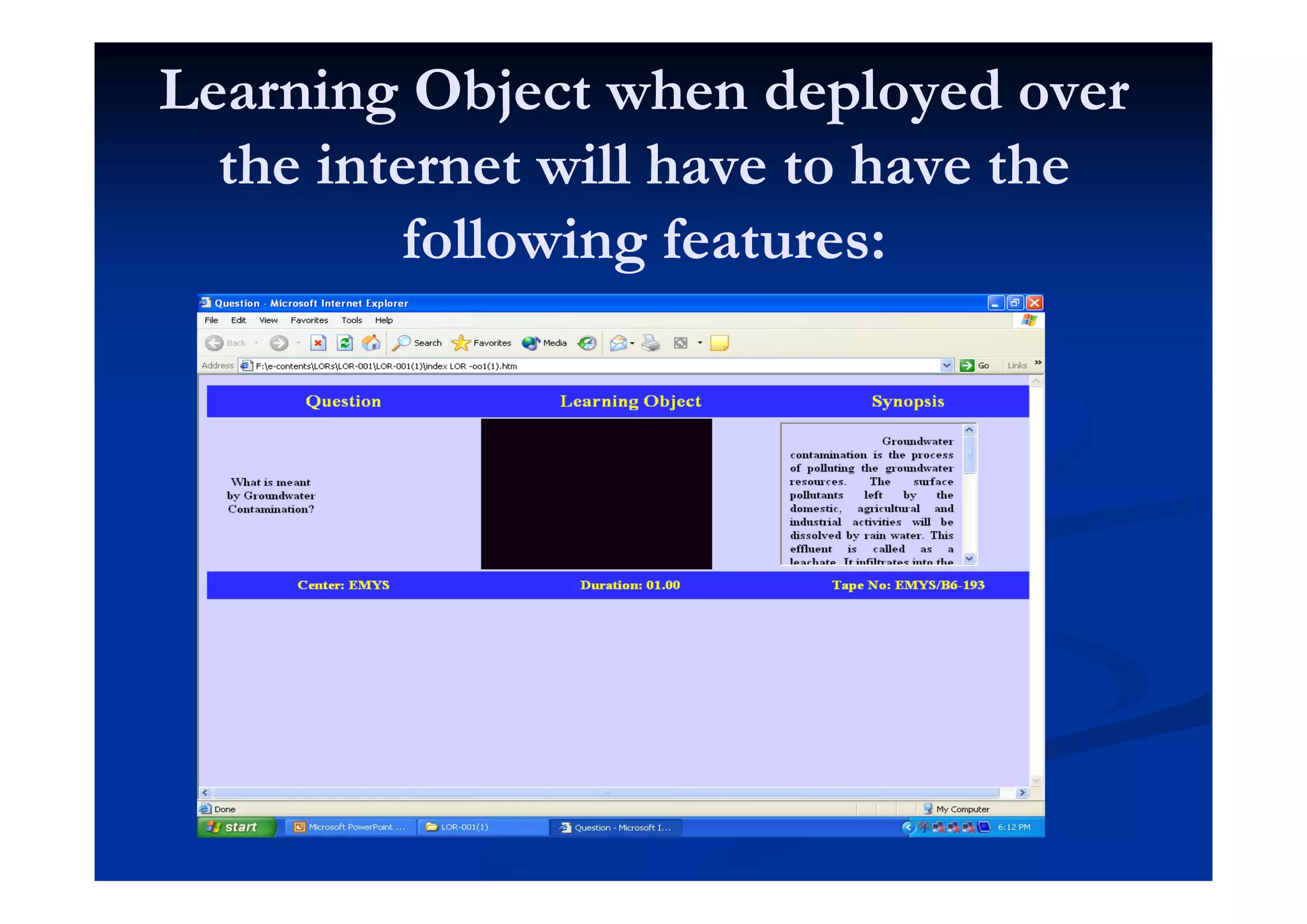 Learning Object when deployed overLearning Object when deployed over
h i ill h h hh i ill h h hthe internet will have to have thethe internet will have to have the
following features:following features:following features:following features:
 