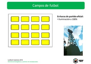 Campos de futbol


                                                      En horas de partido oficial:
                                                      • Iluminación a 100%




LonMark Solutions 2010
Eficiencia Energética y control en instalaciones
 