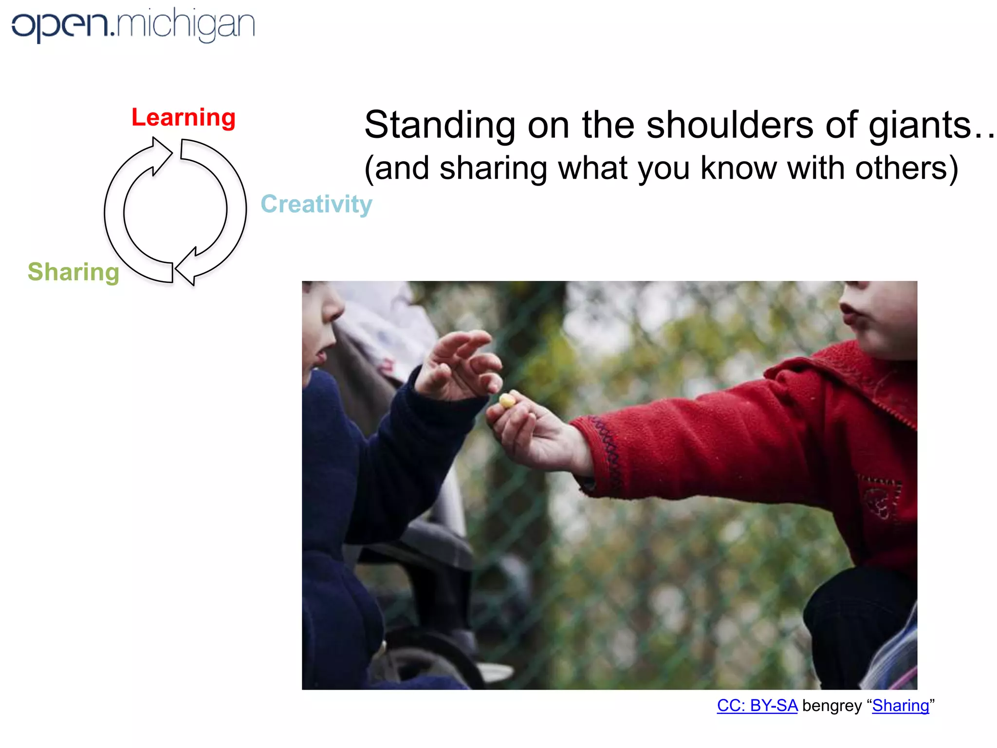 Standing on the shoulders of giants…(and sharing what you know with others)LearningCreativitySharingCC: BY-SAbengrey “Sharing” 