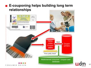 E-couponing helps building long term
relationships




                         Perso-            Match
                          codes                    Coupon
                         Coupon                    printers
                          users


                     Free quality check!



                  Multichannel consumer / coupon user
                                database
                                                              17
 