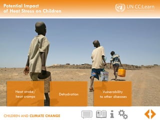 CHILDREN AND CLIMATE CHANGE
Potential Impact
of Heat Stress on Children
Heat stroke/
heat cramps
Dehydration
Vulnerability
to other diseases
 