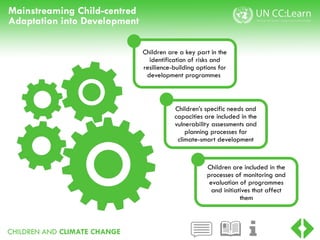CHILDREN AND CLIMATE CHANGE
Mainstreaming Child-centred
Adaptation into Development
Children are a key part in the
identification of risks and
resilience-building options for
development programmes
Children’s specific needs and
capacities are included in the
vulnerability assessments and
planning processes for
climate-smart development
Children are included in the
processes of monitoring and
evaluation of programmes
and initiatives that affect
them
 