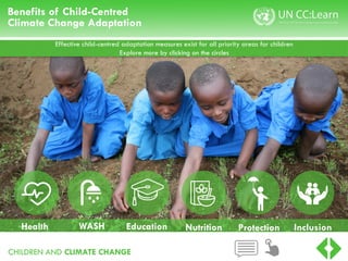 CHILDREN AND CLIMATE CHANGE
Benefits of Child-Centred
Climate Change Adaptation
Effective child-centred adaptation measures exist for all priority areas for children
Explore more by clicking on the circles
Health WASH Education Nutrition Protection Inclusion
 