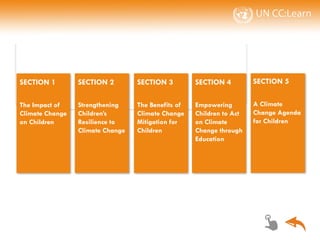 Sections
OVERVIEW
SECTION 1
The Impact of
Climate Change
on Children
SECTION 2
Strengthening
Children’s
Resilience to
Climate Change
SECTION 3
The Benefits of
Climate Change
Mitigation for
Children
SECTION 4
Empowering
Children to Act
on Climate
Change through
Education
SECTION 5
A Climate
Change Agenda
for Children
 
