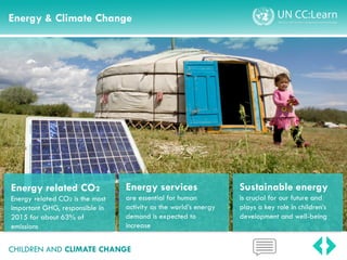 Energy & Climate Change
CHILDREN AND CLIMATE CHANGE
Energy related CO2
Energy related CO2 is the most
important GHG, responsible in
2015 for about 63% of
emissions
Energy services
are essential for human
activity as the world’s energy
demand is expected to
increase
Sustainable energy
is crucial for our future and
plays a key role in children’s
development and well-being
 