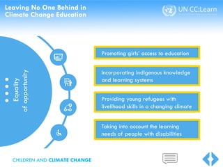 Leaving No One Behind in
Climate Change Education
Equality
of
opportunity
Promoting girls’ access to education
Incorporating indigenous knowledge
and learning systems
Providing young refugees with
livelihood skills in a changing climate
Taking into account the learning
needs of people with disabilities
CHILDREN AND CLIMATE CHANGE
 
