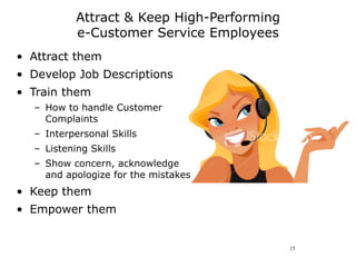 Attract & Keep High-Performing
           e-Customer Service Employees
• Attract them
• Develop Job Descriptions
• Train them
  – How to handle Customer
    Complaints
  – Interpersonal Skills
  – Listening Skills
  – Show concern, acknowledge
    and apologize for the mistakes
• Keep them
• Empower them


                                            15
 