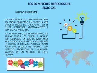 ESCUELA DE IDIOMAS
¿HABLAS INGLÉS? EN ESTE MUNDO CADA
VEZ MÁS GLOBALIZADO, EN EL QUE LA WEB
CANCELA TODAS LAS DISTANCIAS, NO SE
PUEDE RESPONDER NEGATIVAMENTE A
ESTA SIMPLE PREGUNTA.
LOS ESTUDIANTES, LOS TRABAJADORES, LOS
DESEMPLEADOS, LOS PADRES E INCLUSO
LOS JUBILADOS, EN LOS ÚLTIMOS AÑOS
HAN OPTADO POR INVERTIR CADA VEZ MÁS
EN CURSOS DE IDIOMAS. POR ESTA RAZÓN,
ABRIR UNA ESCUELA DE IDIOMAS, CON
MAESTROS PROFESIONALES Y HABLANTES
NATIVOS, ES UN NEGOCIO DE ÉXITO
SEGURO.
LOS 10 MEJORES NEGOCIOS DEL
SIGLO XXL
 