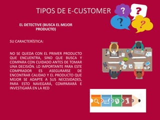 EL DETECTIVE (BUSCA EL MEJOR
PRODUCTO)
SU CARACTERÍSTICA:
NO SE QUEDA CON EL PRIMER PRODUCTO
QUE ENCUENTRA, SINO QUE BUSCA Y
COMPARA CON CUIDADO ANTES DE TOMAR
UNA DECISIÓN. LO IMPORTANTE PARA ESTE
COMPRADOR ES ASEGURARSE DE
ENCONTRAR CALIDAD Y EL PRODUCTO QUE
MEJOR SE ADAPTE A SUS NECESIDADES,
PARA ESTO NAVEGARÁ, COMPARARÁ E
INVESTIGARÁ EN LA RED
TIPOS DE E-CUSTOMER
 