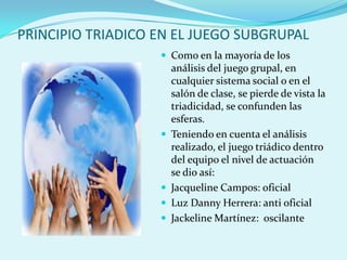 PRINCIPIO TRIADICO EN EL JUEGO SUBGRUPAL
                    Como en la mayoría de los
                       análisis del juego grupal, en
                       cualquier sistema social o en el
                       salón de clase, se pierde de vista la
                       triadicidad, se confunden las
                       esferas.
                      Teniendo en cuenta el análisis
                       realizado, el juego triádico dentro
                       del equipo el nivel de actuación
                       se dio así:
                      Jacqueline Campos: oficial
                      Luz Danny Herrera: anti oficial
                      Jackeline Martínez: oscilante
 