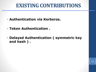 EXISTING CONTRIBUTIONS
• Authentication via Kerberos.
• Token Authentication .
• Delayed Authentication ( symmetric key
and hash ) .
13
 