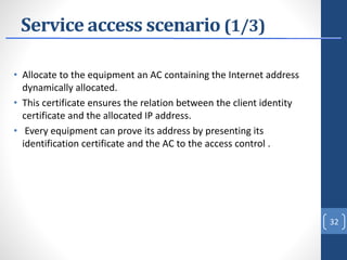 Service access scenario (1/3)
• Allocate to the equipment an AC containing the Internet address
dynamically allocated.
• This certificate ensures the relation between the client identity
certificate and the allocated IP address.
• Every equipment can prove its address by presenting its
identification certificate and the AC to the access control .
32
 