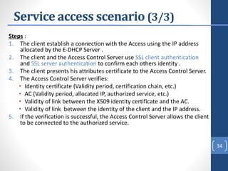 Service access scenario (3/3)
Steps :
1. The client establish a connection with the Access using the IP address
allocated by the E-DHCP Server .
2. The client and the Access Control Server use SSL client authentication
and SSL server authentication to confirm each others identity .
3. The client presents his attributes certificate to the Access Control Server.
4. The Access Control Server verifies:
• Identity certificate (Validity period, certification chain, etc.)
• AC (Validity period, allocated IP, authorized service, etc.)
• Validity of link between the X509 identity certificate and the AC.
• Validity of link between the identity of the client and the IP address.
5. If the verification is successful, the Access Control Server allows the client
to be connected to the authorized service.
34
 
