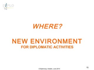WHERE?
NEW ENVIRONMENT
FOR DIPLOMATIC ACTIVITIES
E-Diplomacy, Kolašin, June 2013
15
 