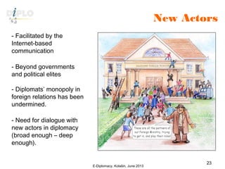 New Actors
- Facilitated by the
Internet-based
communication
- Beyond governments
and political elites
- Diplomats’ monopoly in
foreign relations has been
undermined.
- Need for dialogue with
new actors in diplomacy
(broad enough – deep
enough).
E-Diplomacy, Kolašin, June 2013
23
 
