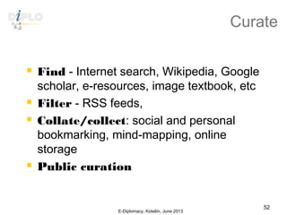 Curate
 Find - Internet search, Wikipedia, Google
scholar, e-resources, image textbook, etc
 Filter - RSS feeds,
 Collate/collect: social and personal
bookmarking, mind-mapping, online
storage
 Public curation
E-Diplomacy, Kolašin, June 2013
52
 