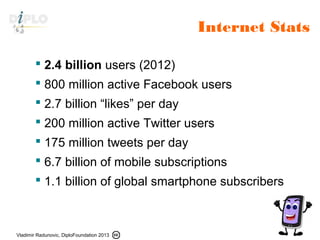 Vladimir Radunovic, DiploFoundation 2013
DiploFoundation
 2.4 billion users (2012)
 800 million active Facebook users
 2.7 billion “likes” per day
 200 million active Twitter users
 175 million tweets per day
 6.7 billion of mobile subscriptions
 1.1 billion of global smartphone subscribers
Internet Stats
 