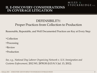 II. E-DISCOVERY CONSIDERATIONS
      IN COVERAGE LITIGATION


                                DEFENSIBILITY:
                  Proper Practices from Collection to Production
     Reasonable, Repeatable, and Well Documented Practices are Key at Every Step:

     Collection

     Processing

     Review

     Production




     See, e.g., National Day Laborer Organizing Network v. U.S. Immigration and
     Customs Enforcement, 2012 WL 2878130 (S.D.N.Y Jul. 13, 2012).


February 2013 | E-DISCOVERY AND ITS IMPACT ON INSURANCE COVERAGE ISSUES             15
 
