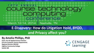 E-Discovery: How do Litigation Hold, BYOD,
and Privacy affect you?
By Amelia Phillips, PhD
Chair, Pure & Applied Science Division
CIS and Computer Science Departments
Regional Director PRCCDC
Highline Community College
Seattle WA
 