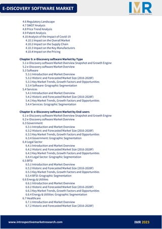 E-DISCOVERY SOFTWARE MARKET
www.introspectivemarketresearch.com IMR 2023
4.6 Regulatory Landscape
4.7 SWOT Analysis
4.8 Price Trend Analysis
4.9 Patent Analysis
4.10 Analysis of the Impact of Covid-19
4.10.1 Impact on the Overall Market
4.10.2 Impact on the Supply Chain
4.10.3 Impact on the Key Manufacturers
4.10.4 Impact on the Pricing
Chapter 5: e-Discovery software Market by Type
5.1 e-Discovery software Market Overview Snapshot and Growth Engine
5.2 e-Discovery software Market Overview
5.3 Software
5.3.1 Introduction and Market Overview
5.3.2 Historic and Forecasted Market Size (2016-2028F)
5.3.3 Key Market Trends, Growth Factors and Opportunities
5.3.4 Software: Grographic Segmentation
5.4 Services
5.4.1 Introduction and Market Overview
5.4.2 Historic and Forecasted Market Size (2016-2028F)
5.4.3 Key Market Trends, Growth Factors and Opportunities
5.4.4 Services: Grographic Segmentation
Chapter 6: e-Discovery software Market by End-users
6.1 e-Discovery software Market Overview Snapshot and Growth Engine
6.2 e-Discovery software Market Overview
6.3 Government
6.3.1 Introduction and Market Overview
6.3.2 Historic and Forecasted Market Size (2016-2028F)
6.3.3 Key Market Trends, Growth Factors and Opportunities
6.3.4 Government: Grographic Segmentation
6.4 Legal Sector
6.4.1 Introduction and Market Overview
6.4.2 Historic and Forecasted Market Size (2016-2028F)
6.4.3 Key Market Trends, Growth Factors and Opportunities
6.4.4 Legal Sector: Grographic Segmentation
6.5 BFSI
6.5.1 Introduction and Market Overview
6.5.2 Historic and Forecasted Market Size (2016-2028F)
6.5.3 Key Market Trends, Growth Factors and Opportunities
6.5.4 BFSI: Grographic Segmentation
6.6 Energy & Utilities
6.6.1 Introduction and Market Overview
6.6.2 Historic and Forecasted Market Size (2016-2028F)
6.6.3 Key Market Trends, Growth Factors and Opportunities
6.6.4 Energy & Utilities: Grographic Segmentation
6.7 Healthcare
6.7.1 Introduction and Market Overview
6.7.2 Historic and Forecasted Market Size (2016-2028F)
 
