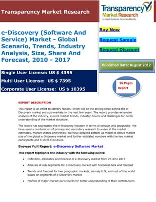 Transparency Market Research


                                                                       Buy Now
e-Discovery (Software And
Service) Market - Global                                               Request Sample
Scenario, Trends, Industry
                                                                       Request Discount
Analysis, Size, Share And
Forecast, 2010 - 2017
                                                                         Published Date: August 2012
Single User License: US $ 4395

Multi User License: US $ 7395                                                         96 Pages
Corporate User License: US $ 10395                                                   Report
                                                                                      51 Pages


       REPORT DESCRIPTION

       This report is an effort to identify factors, which will be the driving force behind the e-
       Discovery market and sub-markets in the next few years. The report provides extensive
       analysis of the industry, current market trends, industry drivers and challenges for better
       understanding of the market structure.

       The report has segregated the e-Discovery industry in terms of product and geography. We
       have used a combination of primary and secondary research to arrive at the market
       estimates, market shares and trends. We have adopted bottom up model to derive market
       size of the global e-Discovery market and further validated numbers with the key market
       participants and C-level executives.

       Browse Full Report: e-Discovery Software Market

       This report highlights the industry with the following points:

              Definition, estimates and forecast of e-Discovery market from 2010 to 2017

              Analysis of sub-segments for e-Discovery market with historical data and forecast

              Trends and forecast for two geographic markets, namely U.S, and rest of the world
              based on segments of e-Discovery market

              Profiles of major market participants for better understanding of their contributions
 
