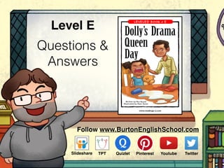 Questions &
Answers
Level E
Follow www.BurtonEnglishSchool.com
Slideshare Youtube TwitterTPT PinterestQuizlet
www.readinga-z.com
Dolly’s Drama
Queen Day
A Reading A–Z Level E Leveled Book
Word Count: 101
Visit www.readinga-z.com
for thousands of books and materials.
Dolly’s Drama
Queen
Day
Written by Rus Buyok
Illustrated by Dani Jones
LEVELED BOOK • E
 